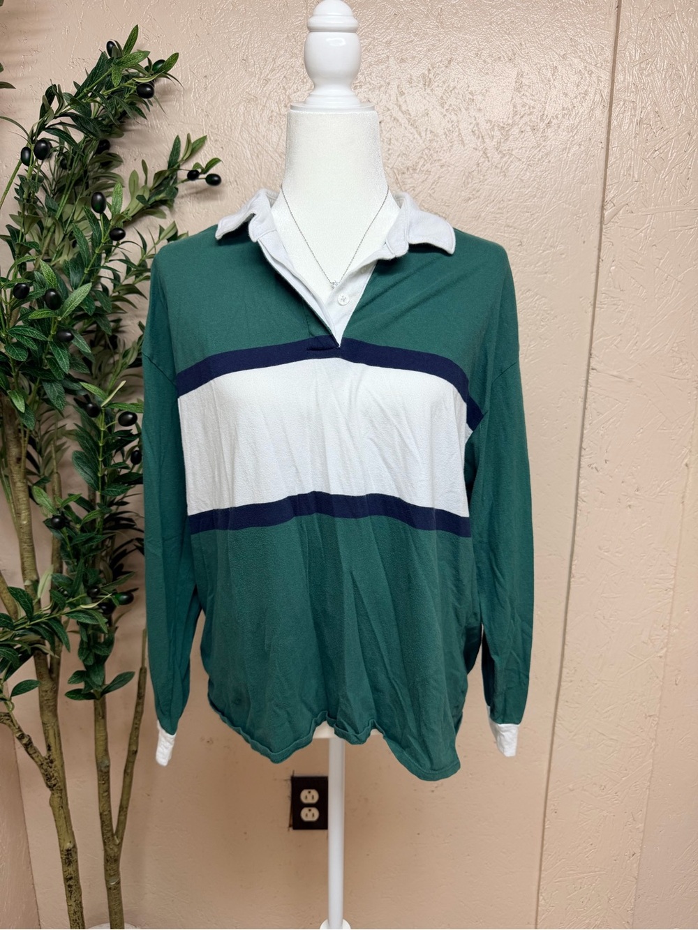 Hollister Green and White Rugby-Style Long Sleeve Polo